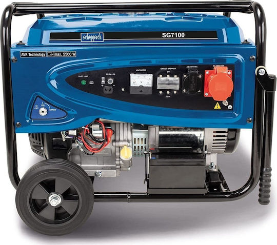 Scheppach SG7100 Generator Benzină (în patru timpi) Patru timpi cu Autostart, Roți și Putere Maximă 5.5kVA