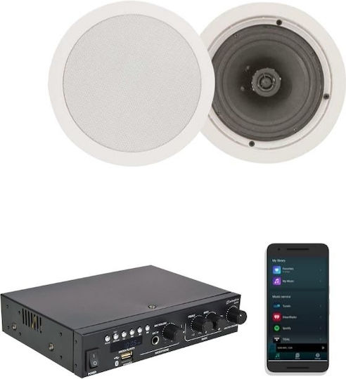 Adastra 2*CC6V+A200 Σετ με 2 Ηχεία Οροφής 6,5'' Τελικός Ενισχυτής PA 2 Καναλιών 100W/4Ω 55W/8Ω και Συνδέσεις FM/Bluetooth