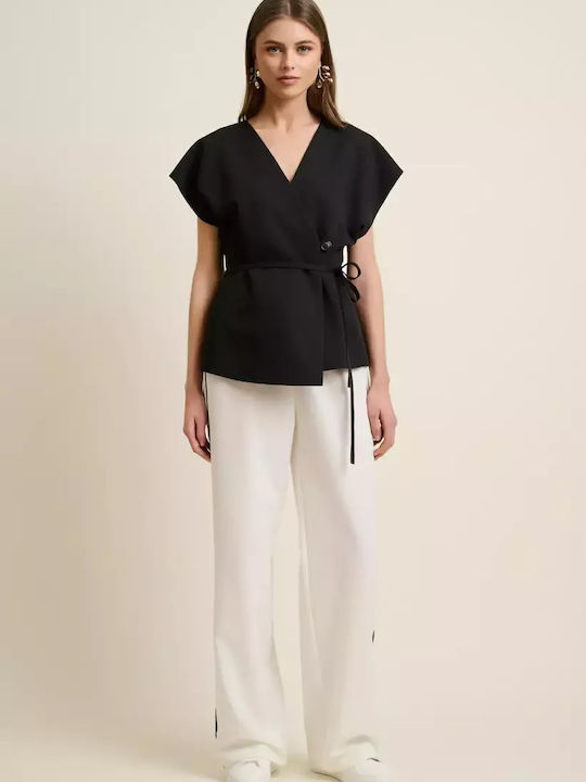 Women's High-waisted Fabric Trousers with Elastic Regular Fit Striped White