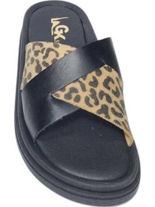 Leather Women's Flat Sandals in Black Color
