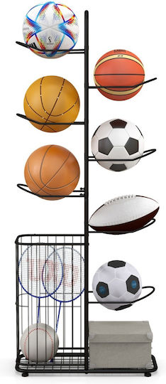 Costway 7-Tier Ball Storage Rack with Removable Hanging Rods & Storage Basket 59 X 24 X 147 Cm Black Fh10109
