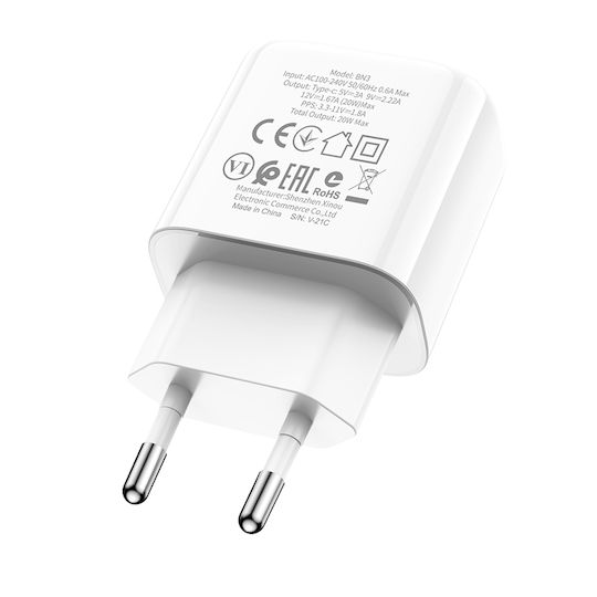 Borofone Charger Without Cable with USB-C Port 20W Power Delivery / Quick Charge 3.0 Whites (BN3)