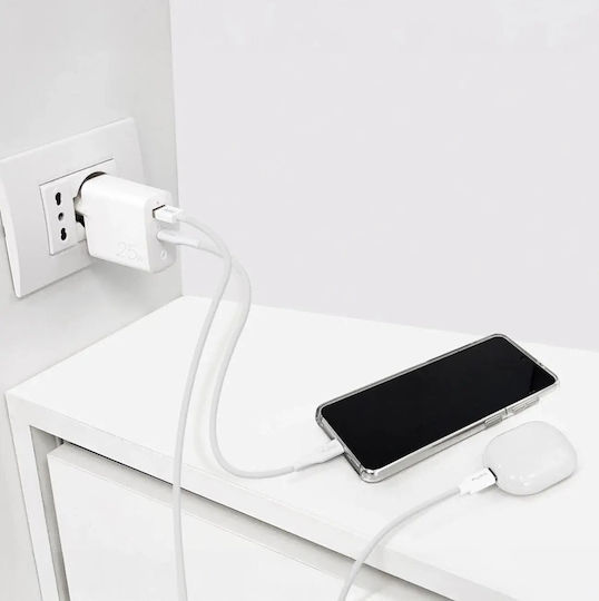 Puro Φορτιστής Χωρίς Καλώδιο με Θύρα USB-A και Θύρα USB-C 25W Power Delivery Λευκός (Mini Fast PUR521WHT)