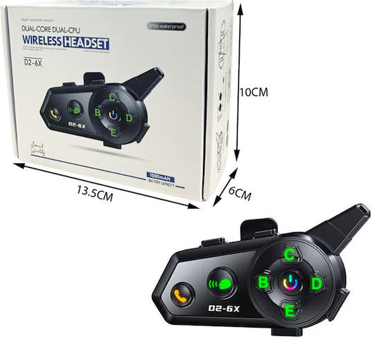 D2-6X Single Motorcycle Communication System for Helmet with Bluetooth
