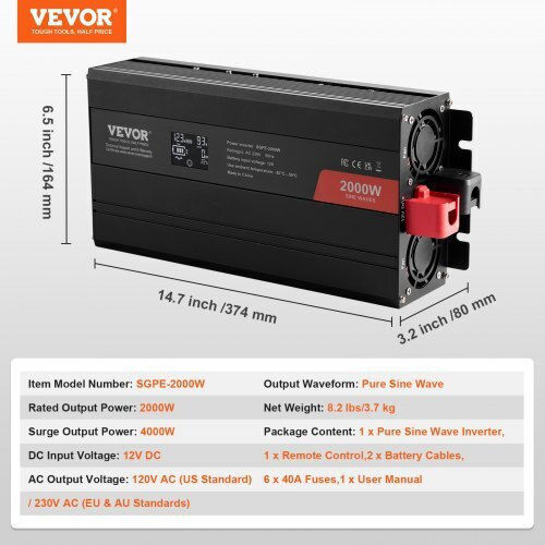 Vevor Inverter Αυτοκινήτου Καθαρού Ημιτόνου 2000W για Μετατροπή 12V DC σε 220V AC
