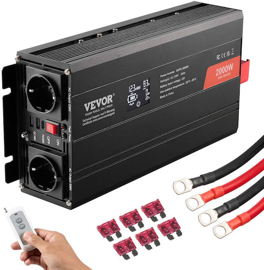 Vevor Inverter Αυτοκινήτου Καθαρού Ημιτόνου 2000W για Μετατροπή 12V DC σε 220V AC