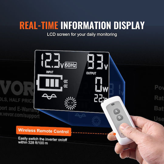 Vevor Inverter Αυτοκινήτου Καθαρού Ημιτόνου 2000W για Μετατροπή 12V DC σε 220V AC