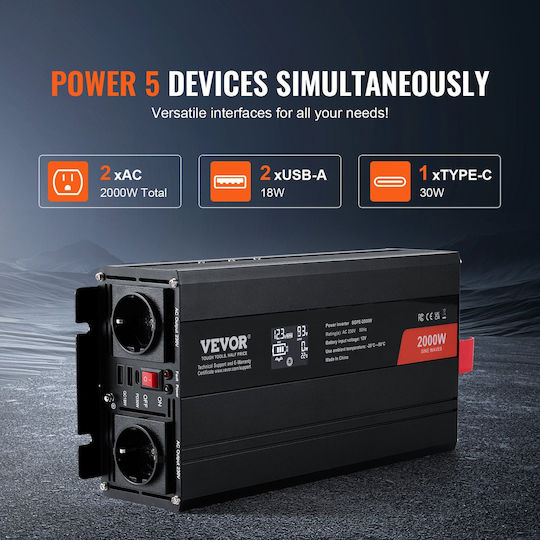 Vevor Inverter Αυτοκινήτου Καθαρού Ημιτόνου 2000W για Μετατροπή 12V DC σε 220V AC