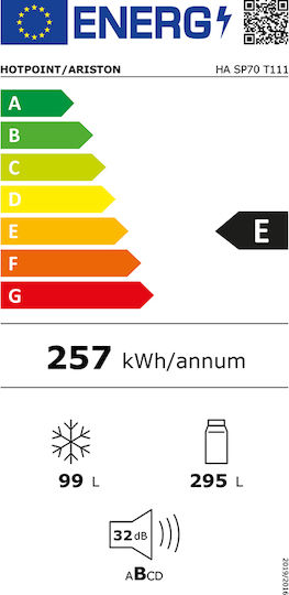 Hotpoint-Ariston Εντοιχιζόμενος Ψυγειοκαταψύκτης 394lt Total NoFrost Υ193.5xΠ69xΒ55.1εκ. Λευκός HA SP70 T111