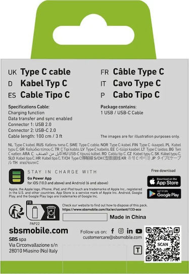 SBS USB 2.0 Cable USB-C male - USB-A Black 1m
