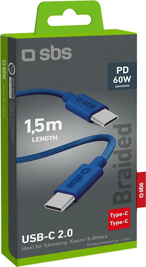 SBS Braided USB 2.0 Cable USB-C Male - USB-C 60W PD Blue 1.5m