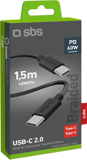SBS Braided USB 2.0 Cable USB-C male - USB-C 60W PD Μαύρο 1.5m