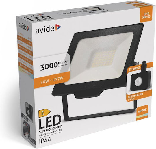 Avide Waterproof LED Flood Light 30W Natural White 4000K with Motion Sensor IP44