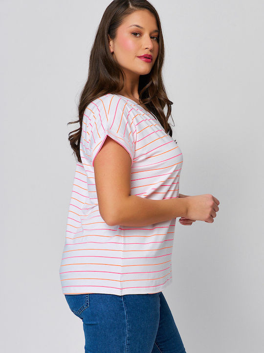Women's Crop Top Short Sleeve with V Neckline Striped White