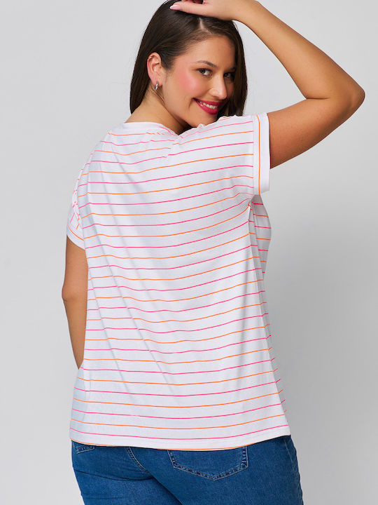 Women's Crop Top Short Sleeve with V Neckline Striped White