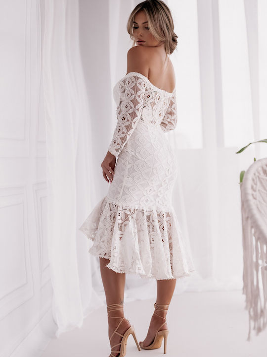 Summer Dress for Wedding - Christening Off-Shoulder with Lace White