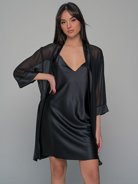 Milena by Paris Зимна Сатен Дамска Нощница със String Black
