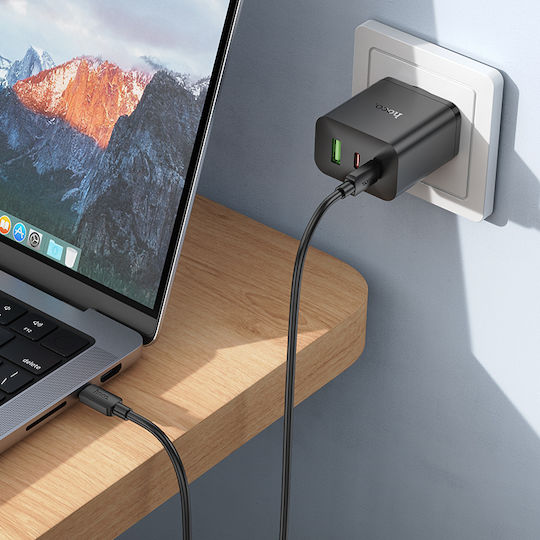 Hoco Φορτιστής Χωρίς Καλώδιο με Θύρα USB-A και 2 Θύρες USB-C 65W Μαύρος (N51 Scenery)