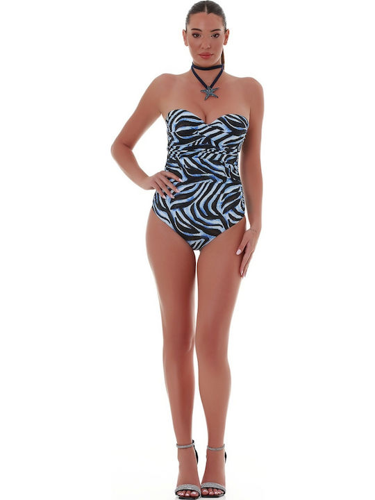 Strapless One Piece Swimsuit with Light Padding for Large Bust Animal Print Light Blue