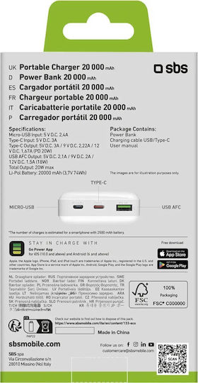 SBS Power Bank 20000mAh 20W with USB-A Port and USB-C Port Power Delivery White