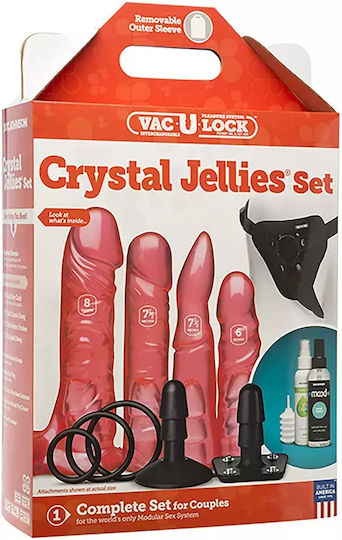 Doc Johnson Vac-U-Lock Crystal Jellies Set Harness με Διπλό Dildo σε Ροζ Χρώμα