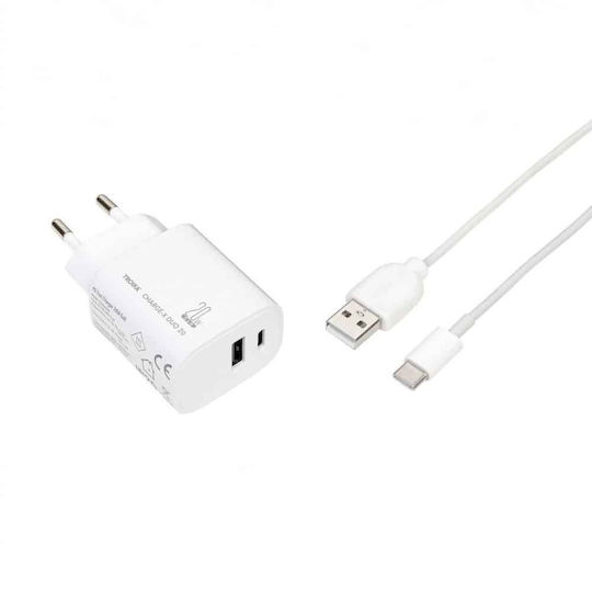 Troika Charger GaN with USB-A Port and USB-C Port and Cable USB-C 20W Power Delivery Whites (Charge-X Duo 20)