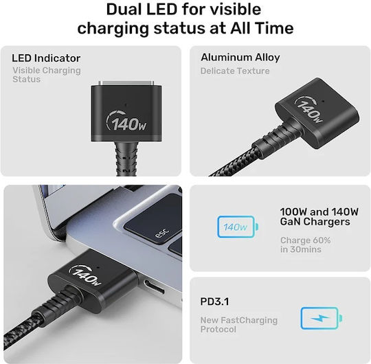 Unitek LED Magnetic USB 2.0 Cable USB-C Male Magsafe 3 140W PD Black 1m C14121BK-1M