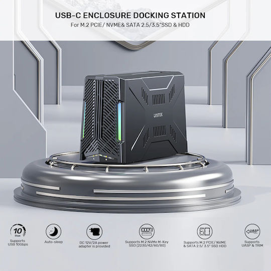 Unitek USB-C NVME PCIe SATA HDD 10Gbps RGB Docking Station S1234B