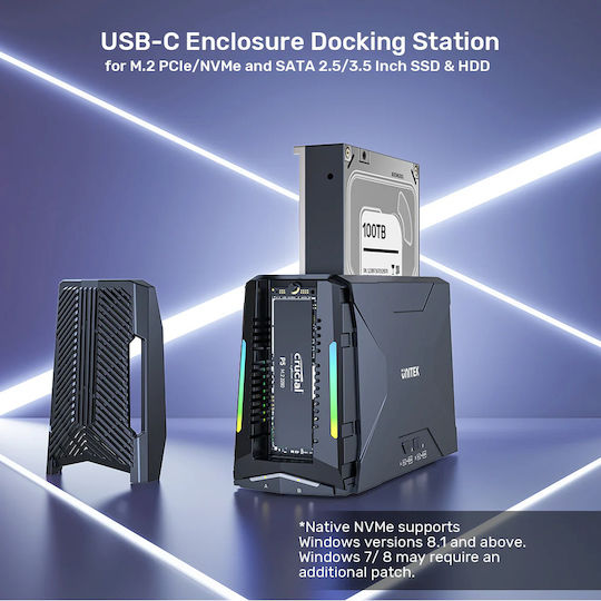 Unitek USB-C NVME PCIe SATA HDD 10Gbps RGB Docking Station S1234B