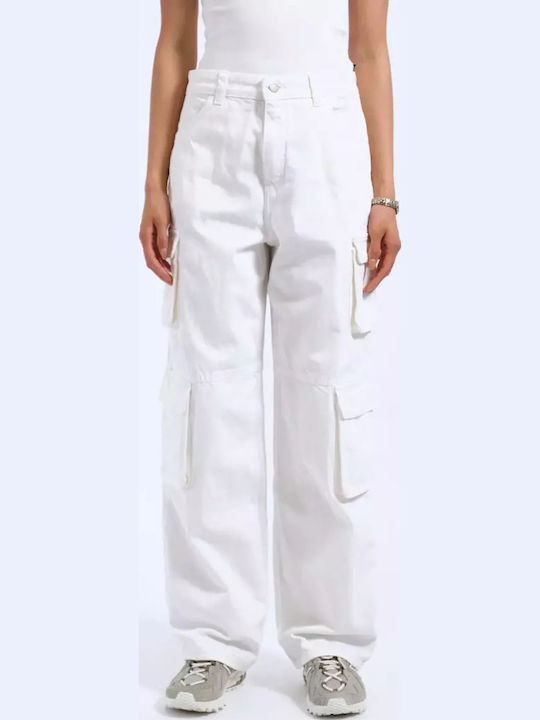 Damen Hoch tailliert Stoff Cargo Hose in Entspannter Passform White
