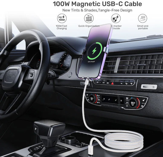 Unitek Magnetic / Retractable / Braided USB 2.0 Cable USB-C male - USB-C 100W PD Λευκό 1m C1414AWH-1M