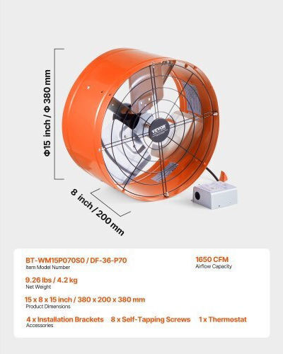 Vevor SQFJ15YC16502BPXZV2 Ventilator industrial Montat pe perete / tavan cu diametrul de 38.1cm