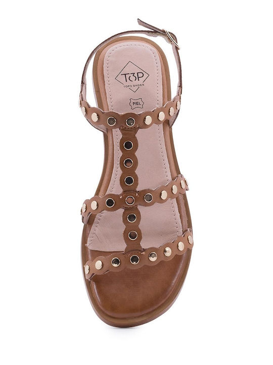 Leather Women's Flat Sandals in Tabac Brown Color