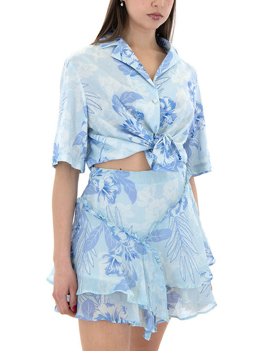 Women's Linen Floral Short Sleeve Shirt Ecru-blue-sky blue