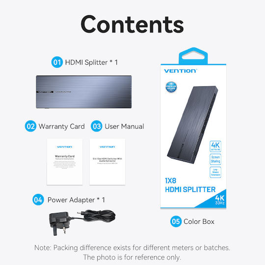 Vention HDMI Splitter 8-Port 4K 1.4 W UK PSU Akqb0-uk