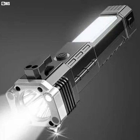 Lanternă LED Siks Echipată cu Ciocan de Siguranță, Cutter, Încărcare Magnetică USB, Baterie Reîncărcabilă 300 Lm, Rezistentă la Apă IP44, Material ABS, Negru Argintiu