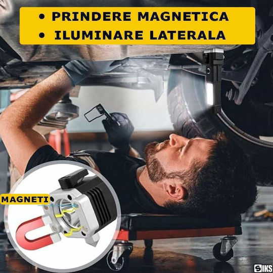 Lanternă LED Siks Echipată cu Ciocan de Siguranță, Cutter, Încărcare Magnetică USB, Baterie Reîncărcabilă 300 Lm, Rezistentă la Apă IP44, Material ABS, Negru Argintiu