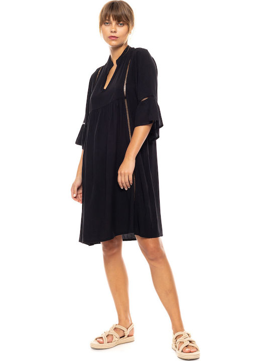 Γυναικείο Beachdress Pink Label Μαύρο Mini Φόρεμα Regular Fit Viscose
