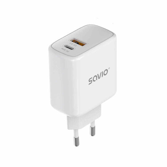 Savio с USB-A порт и USB-C порт и кабел USB-C - USB-C 30W Power Delivery / Quick Charge 3.0 Бял (LA-10)
