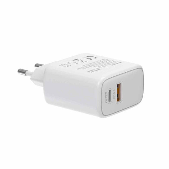 Savio с USB-A порт и USB-C порт и кабел USB-C - USB-C 30W Power Delivery / Quick Charge 3.0 Бял (LA-10)