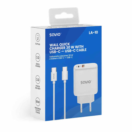 Savio с USB-A порт и USB-C порт и кабел USB-C - USB-C 30W Power Delivery / Quick Charge 3.0 Бял (LA-10)