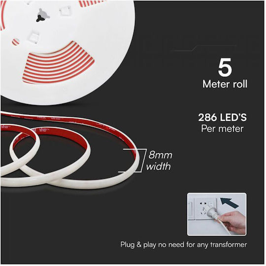 V-TAC Waterproof LED Strip 220V Warm White Light 5m Type COB