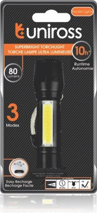 Uniross Επαναφορτιζόμενος Φακός LED IP44 Διπλής Λειτουργίας με Μέγιστη Φωτεινότητα 80lm
