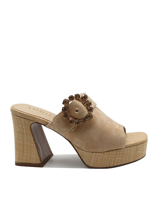 Suede Mules με Χοντρό Ψηλό Τακούνι σε Μπεζ Χρώμα