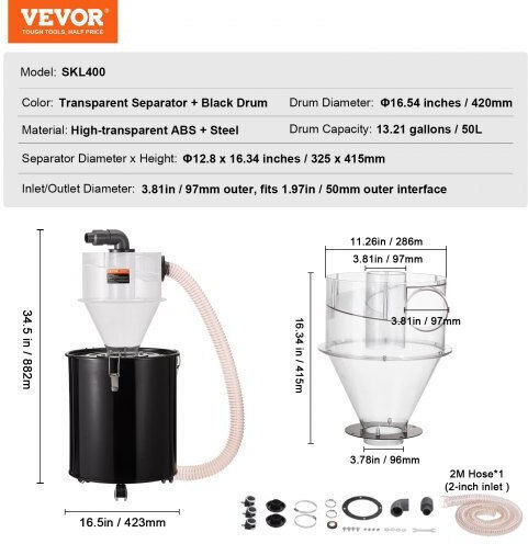 Separator de praf ciclon Vevor pentru aspirator, rezervor de 4", 50L