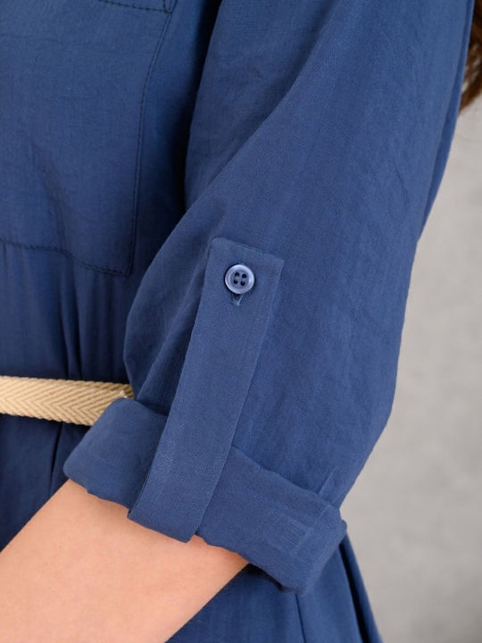 Summer Midi Shirt Dress with 3/4 Sleeve Blue