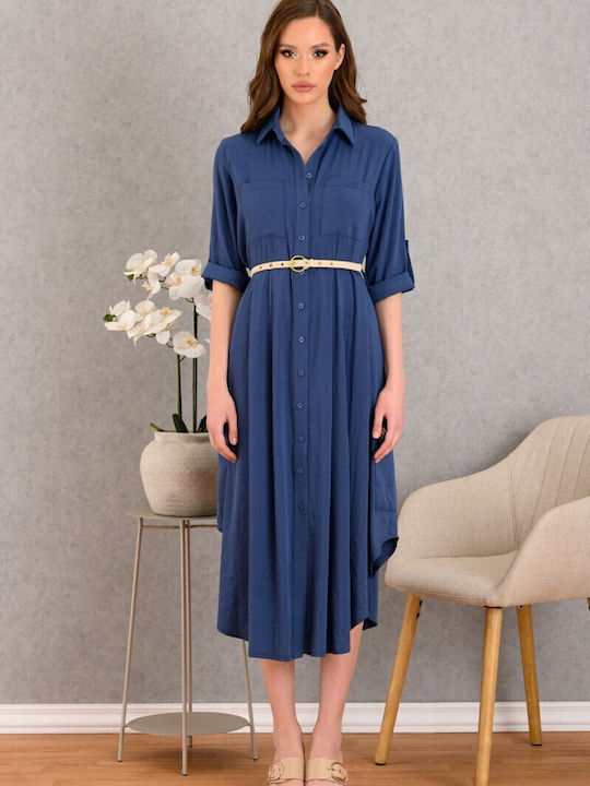Summer Midi Shirt Dress with 3/4 Sleeve Blue