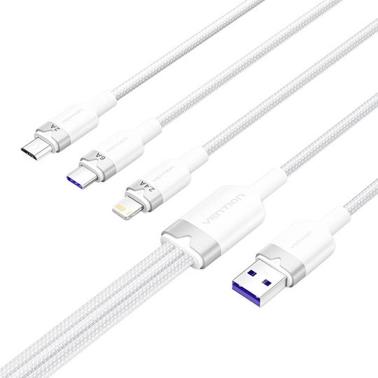 Vention Плетен USB към Lightning / Type-C / micro USB Кабел 2A Бял 1.5м CTRWG