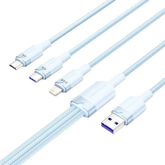 Vention Braided USB to Lightning / Type-C / micro USB Cable 2A Μπλε 1.5m CTRLG