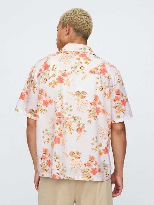 Short Sleeve Linen Shirt Floral White